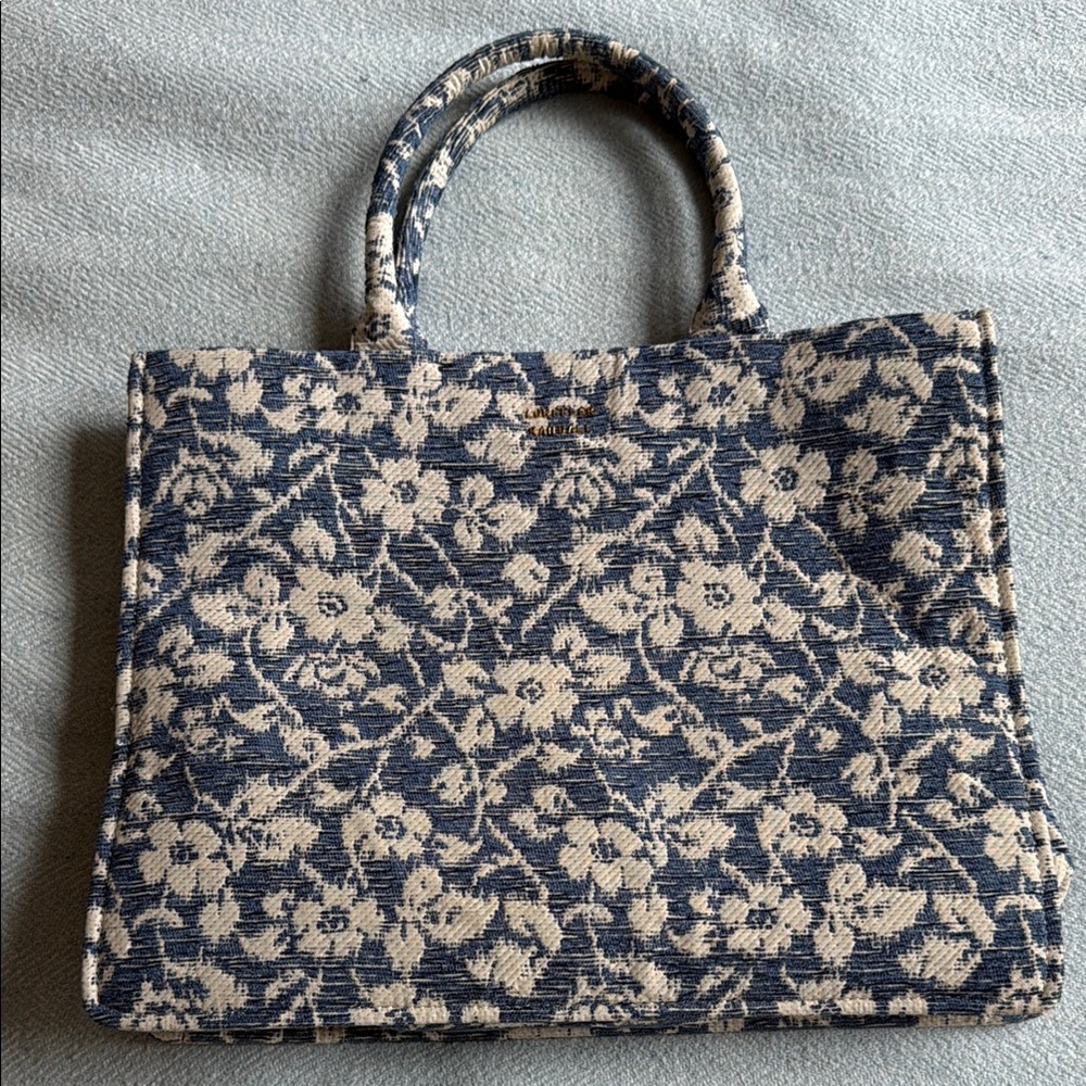 Loeffler Randall Floral Patterned Blue and Cream Tote Bag